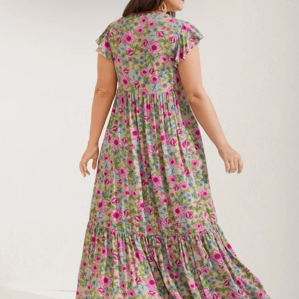 BloomChic Pink Floral Maxi Dress on Green Background. - Picture 4 of 9